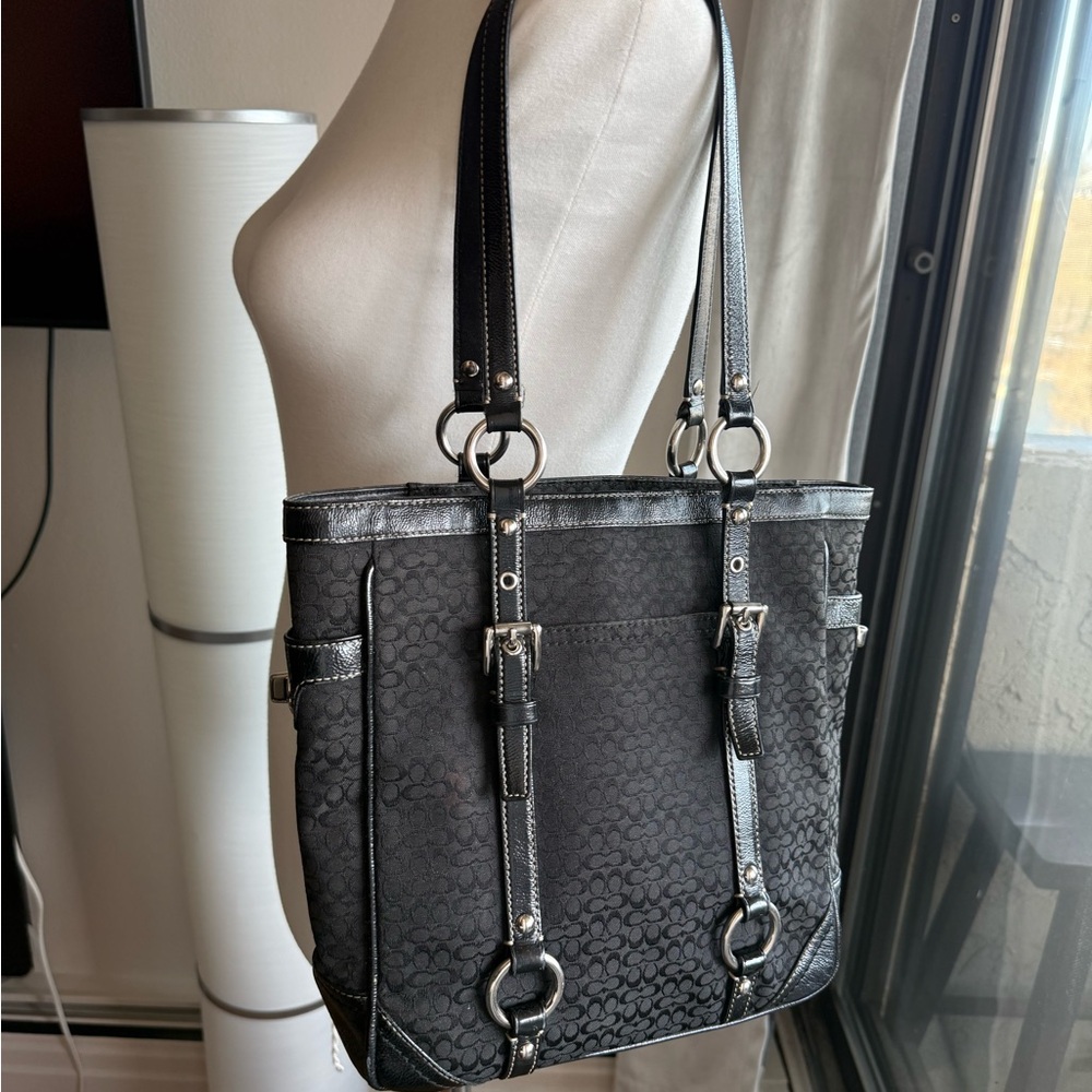 Coach Black Signature Jacquard Tote with Silver Hardware